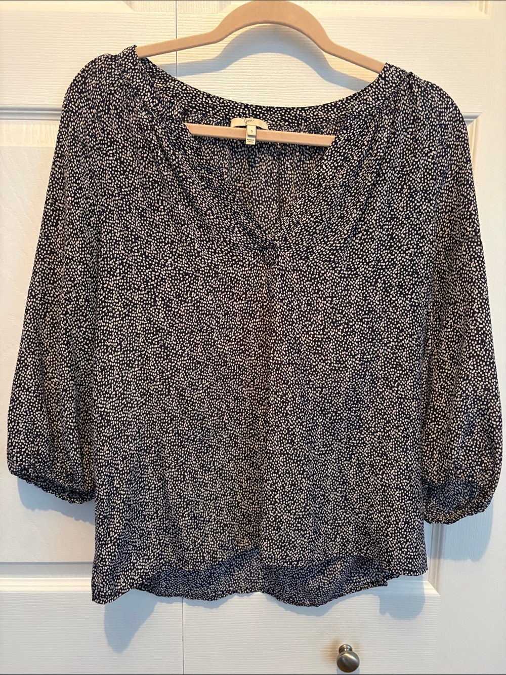 Joie Black and White Printed V-Neck Peasant Blouse